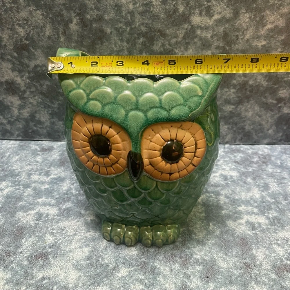 Ceramic Owl Planter Vase Green Glazed Big eyes
